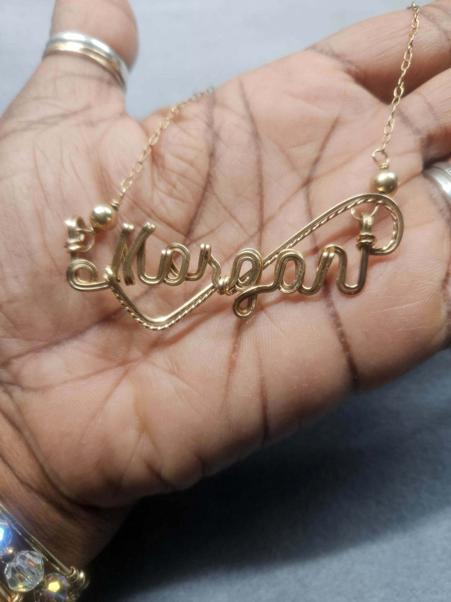 Thick Swirl Wire Name necklace with chain. Both are 14kt goldfilled.