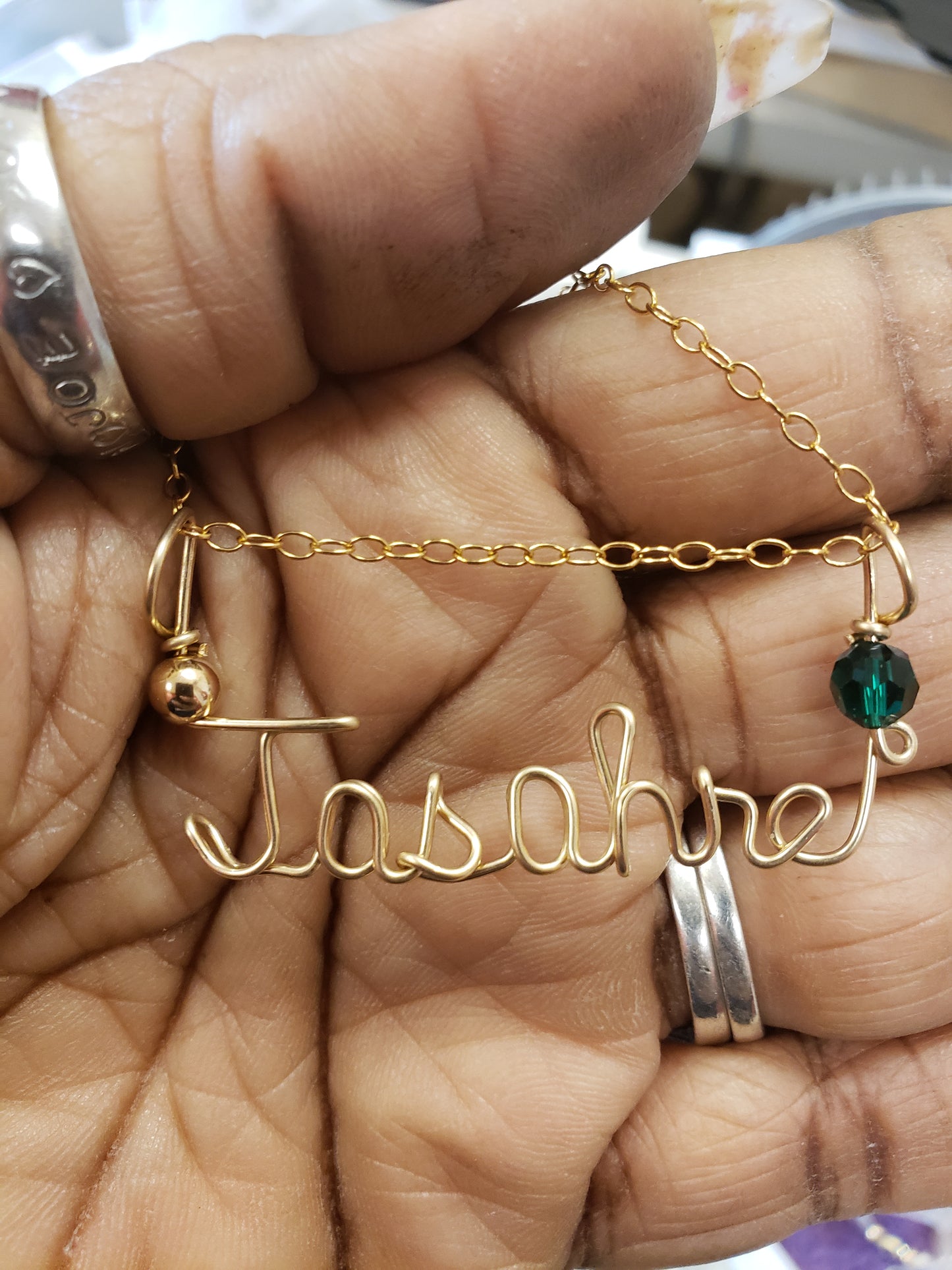 Smooth Goldfilled Wire Name with a crystal and a 14kt goldfilled chain