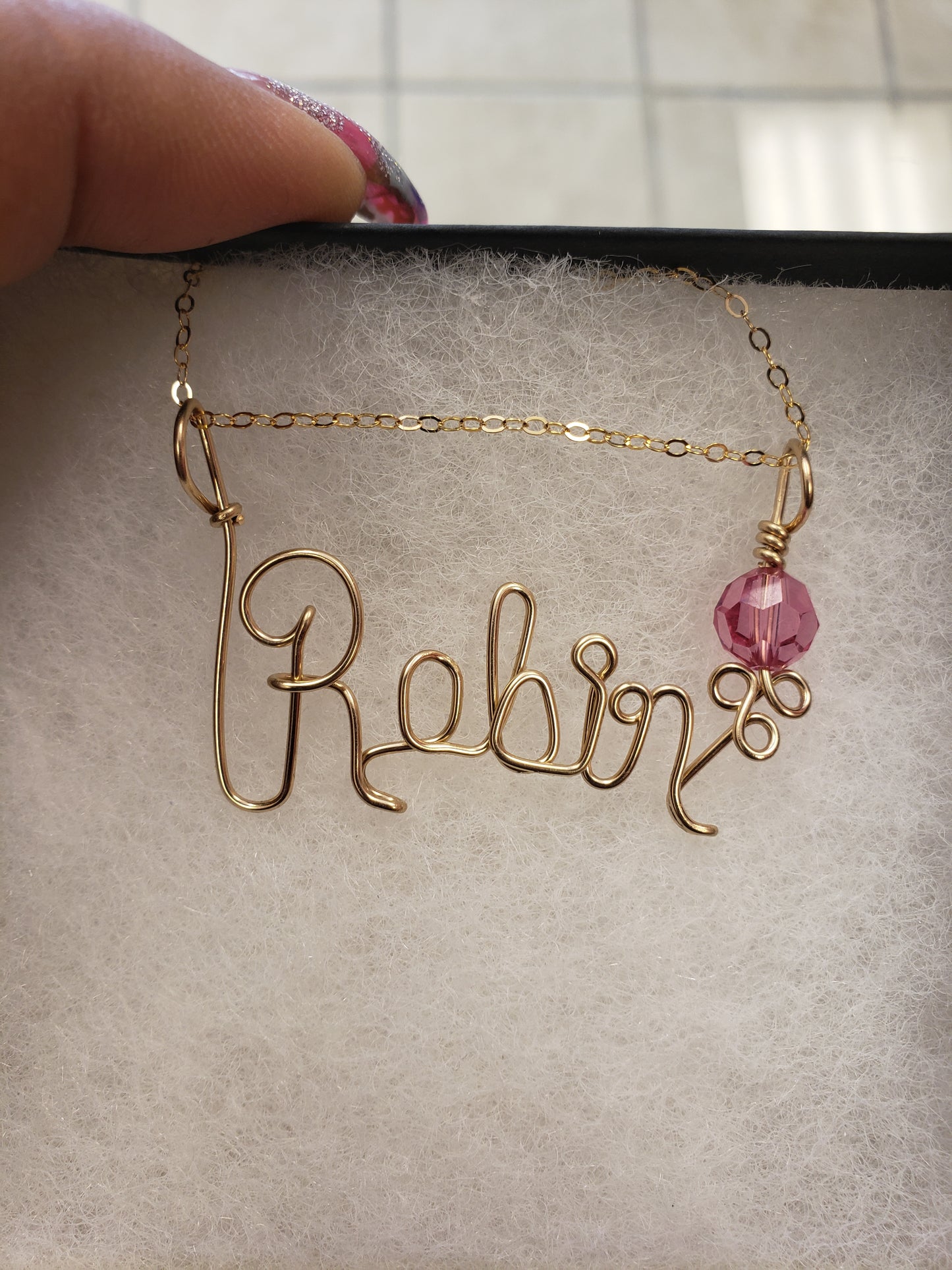 Smooth Goldfilled Wire Name with a crystal and a 14kt goldfilled chain