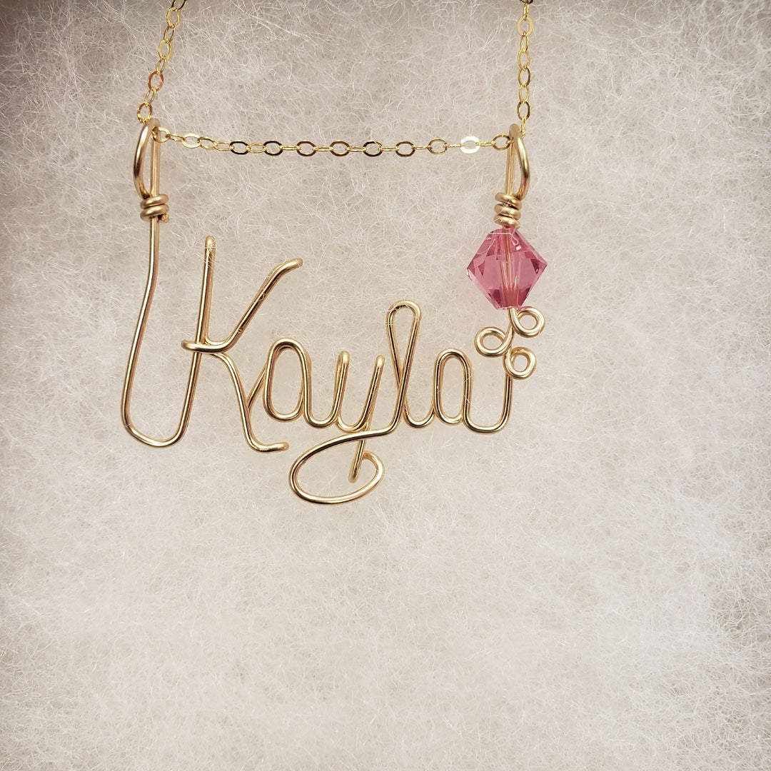 Smooth Goldfilled Wire Name with a crystal and a 14kt goldfilled chain